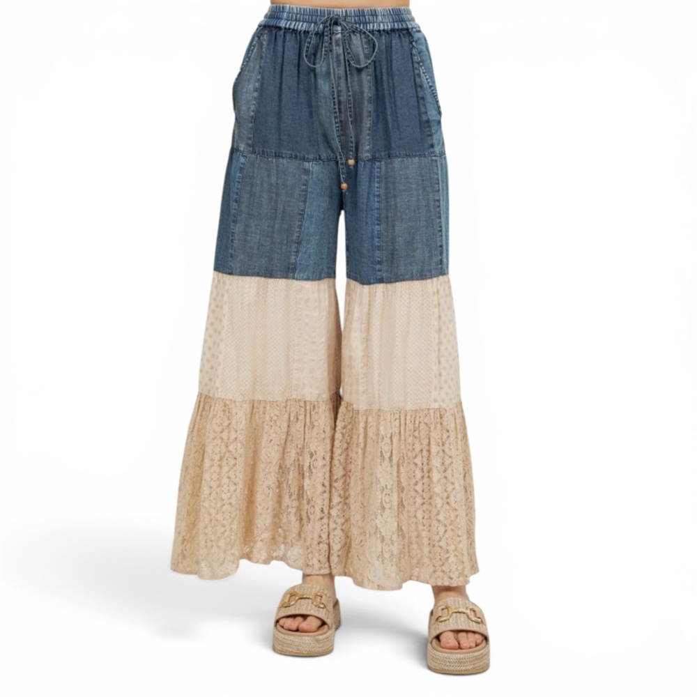 Young Threads Denim Patchwork Wide-Leg Palazzo Pants with Lace Tier